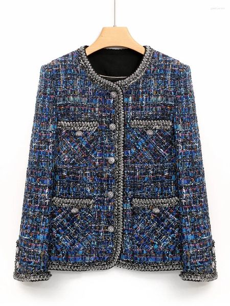 Frauenjacken 2024 Spring Chic hochwertiges blaues Plaid O-Neck Tweed Jacket Short Coat C699