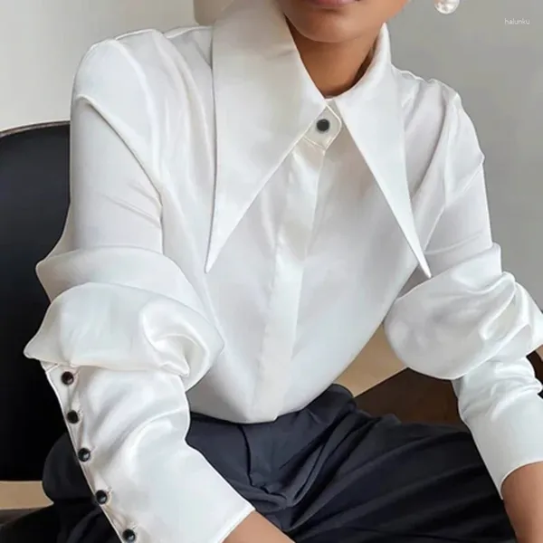 Женские блузки модная винтажная атласная шелковая рубашка Женщины элегантные ошеломленные блузки белый длинные рукавы женские рубашки Blusas 16946