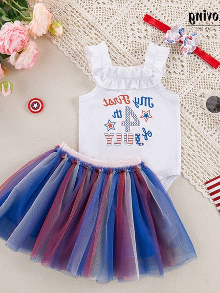 Independence American Day Baby Set bedruckte Buchstabe Rüste Spitze ärmellose Schatz Mesh Prinzessin Kleid Haarzubehör Set Set