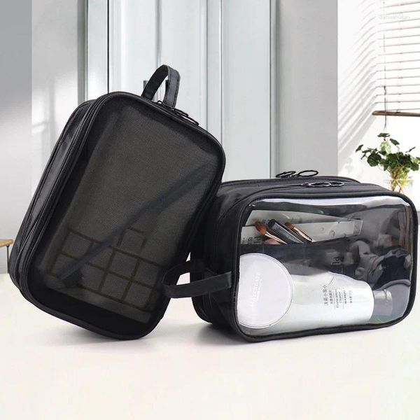 Bolsas de cosméticos 1pc Camada de dupla camada preta bolsa de higiene pessoal PVC de grande capacidade O organizador de maquiagem de maquiagem ao ar livre