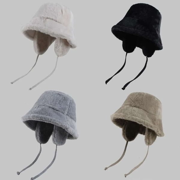 Orelha coreana proteção balde chapé para mulheres outono e inverno viagens versátil quente retro cor sólida cor de pelúcia masculina 240126