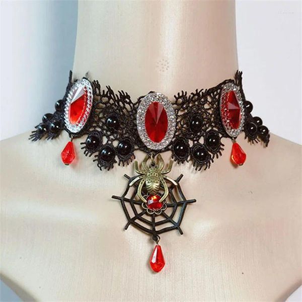 GOTKER Gotik Viktorya Dantel Örümcek Boyuncu Kadınlar İçin Siyah Kristal Kolye Cazibe Kolyeleri Lolita Bead Mücevherat