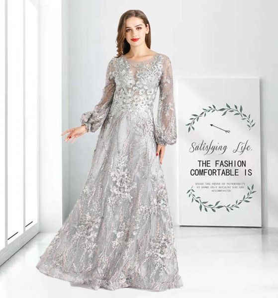 Vestidos de festa vestido de noite muçulmano cinza luxo de manga longa 2024 dubai lantejous para mulheres casamentos baile ho1069