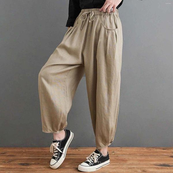Calça feminina sólida retrô longa calça de moletom para feminino com as femininas para cima da cintura elástica Slimming Troushers Logo Cenout Jogger Sport Pocket Pocket