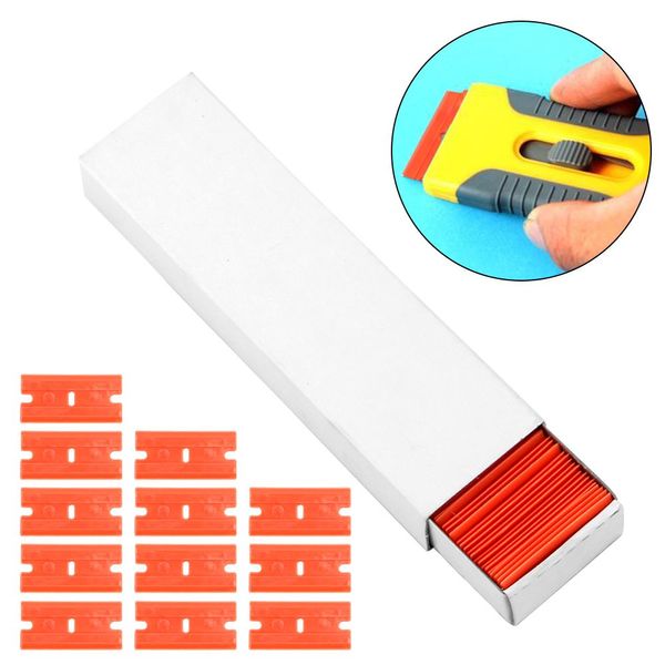 Yeni 100pcs/kutu araba penceresi cam temiz kazıyıcı lable tutkal sökücü çift kenarlı plastik tıraş bıçağı araba sararı çıkartma squeegee