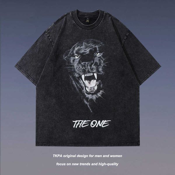 TKPA American High Street Black Panther Print Delessed kurzärmeliges T-Shirt für Männer und Frauen Hip-Hop-Paar halb Ärmeln T-Shirt