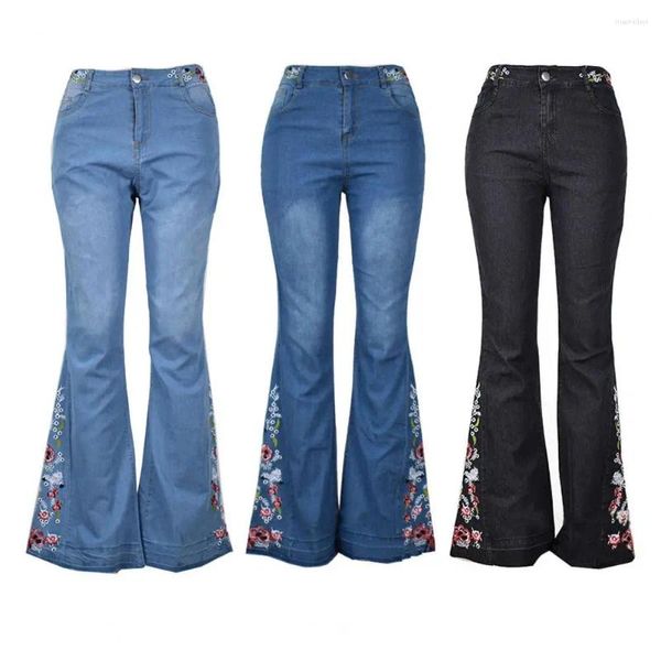 Jeans feminino calça calça cintura elástica de lazer de lazer da moda com melhor correspondência de design de moda bordada de poliéster, roupas de moda