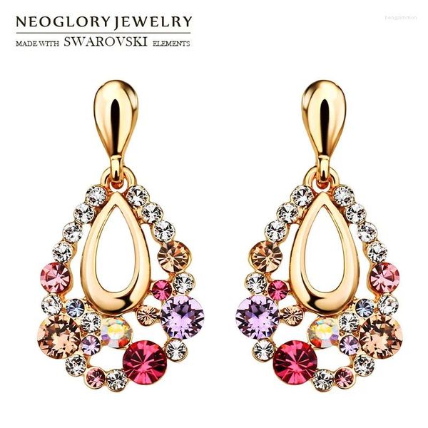 Orecchini a pennello Neoglory Austria Rhinestone Long Drop Drop Design Design Gift Trendy Classic Gold Gold Holiday