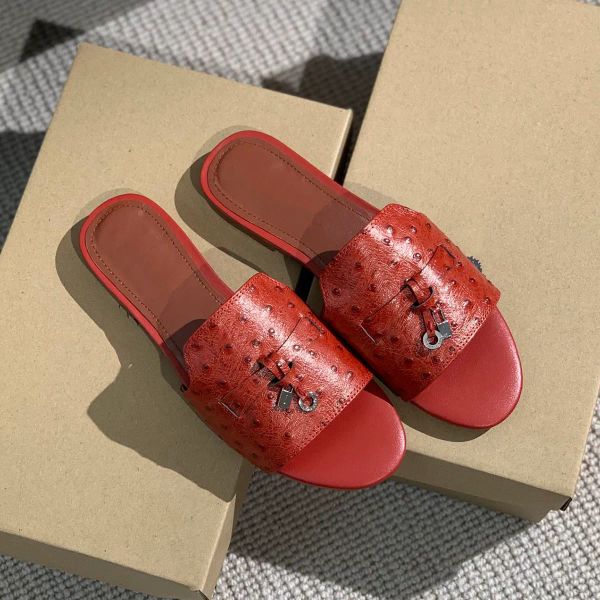 Loro piano avestruz mulas slides slippers sandálias de verão vermelho de couro genuíno aberto salto alto luxo feminino com caixa