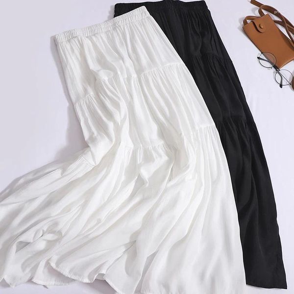 Юбки 2024 летние женщины юбки в середине длины белая плиссированная шифяная шифоновая a-line черная простая эластичная талия длинно