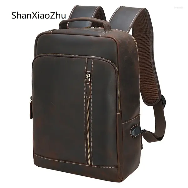 Backpack Luxury Crazy Horse Horse Couro Real Laptop de pele de pele Backpacks Computador Mochilas para homens Male Daypack Business School Bag