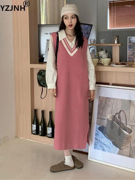 Lässige Kleider yzjnh 2024 Herbst/Winter V-Ausschnitt Strickkleid Korean Edition Lose rosa ärmellose Pullover Frauen