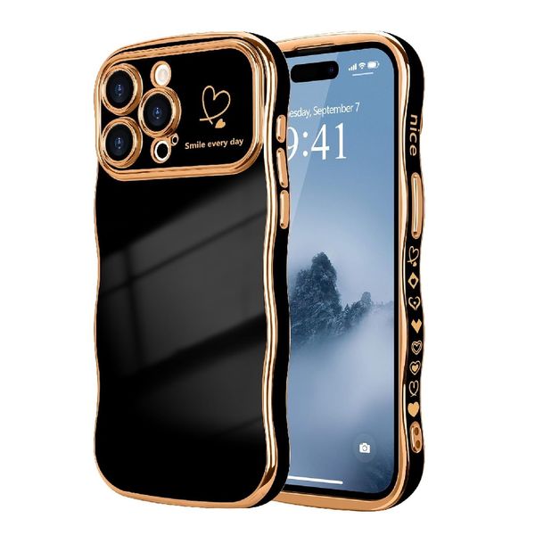 Para iPhone 15pro max case women garotas fofas wave moldura cachear with Love Padrão Heart Câmera de proteção de câmera Capinha de luxo Caixa de telefone para iPhone 14 Pro