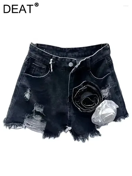 Shorts femininos contraste de jeans cor 3d flor angustiada buracos quebrados calças curtas 2024 Moda de verão 11xx8981