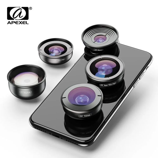 Teleskope Apexel 5in1 Mobiltelefon Objektiv Hülle Kit Fotografie HD Fisheye Super Weitwinkel 4K Makro -Teleskop -Objektiv für Samsung iPhone