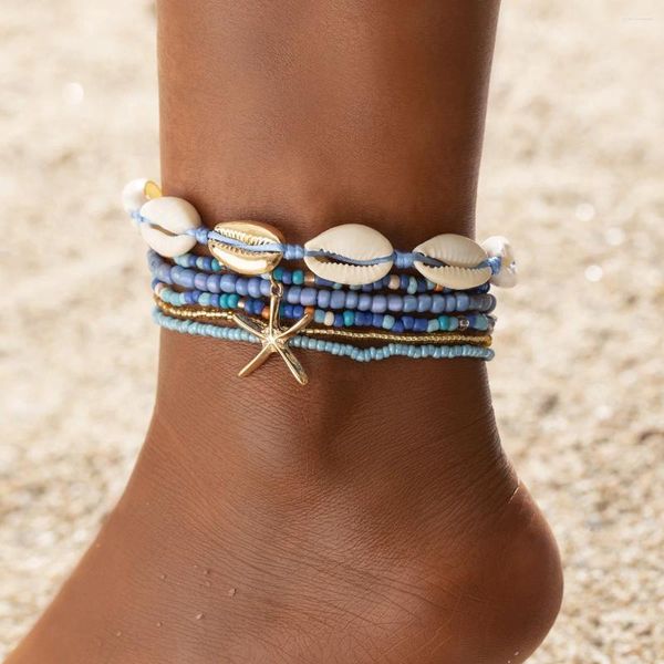 Cavalche Bohemia Multilayer Rice Rice Conch Conch Shell Set Anklet Set Women Starfish Cindant Summer Sandy Beach Beach Cavie