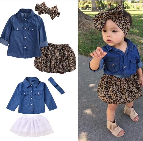 Baby Girls Clothes 3PCS Sets Kinder Cowboy -Hemd Leopardendruckrock und Kopfschmuck Anzüge für Kinder Pass 15 Jahre1642086