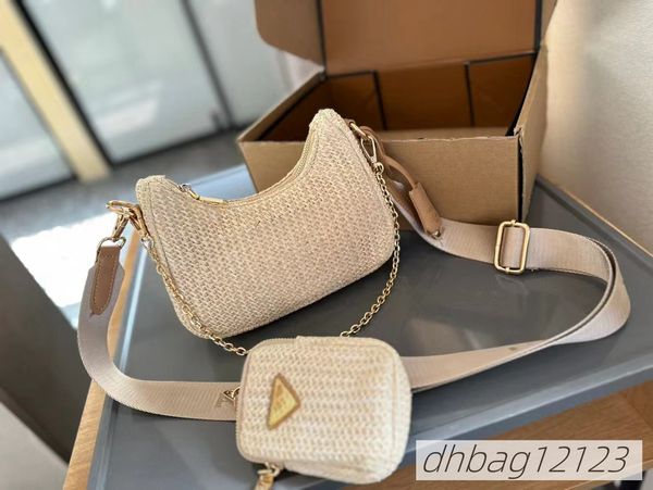 Designer de luxo palha tecido crossbody casual hobo saco de saco de banda de duas peças Triângulo de cadeia de duas peças Triângulo