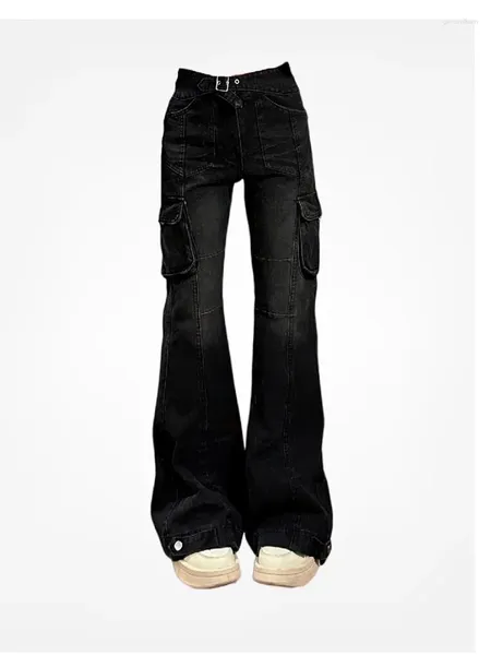 Pants High Street Office di High Street Lady Black Flare jeans Slim Bell Bottoms Gyaru Fashion Denim pantaloni multipli tasche 2000 American Retro