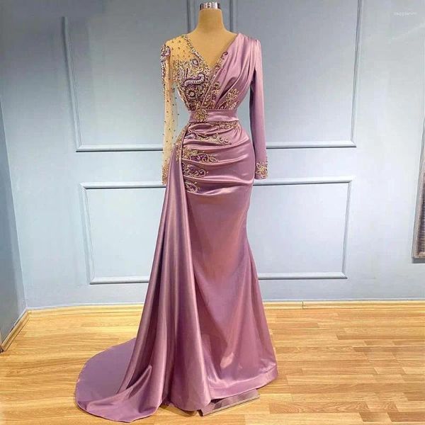 Partykleider elegante Meerjungfrau Arabisch Abendkleid Langarm V-Ausschnitt Perlen Dubai Formal für Frauen Hochzeitskleider Vestidos Robe