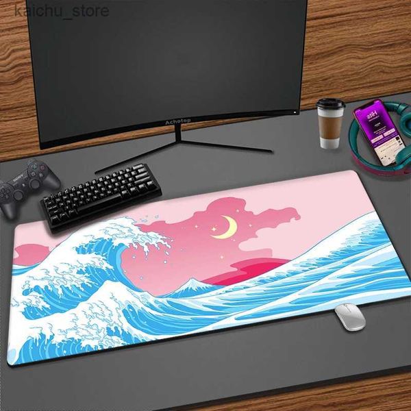 Pads del mouse polso poggia grande onda da cuscinetto rosa Kawaii grande mousepad carino per pc gamer per laptop notebook gomma in gomma hd computer tappetino tappetino mouse mouse deskmat y240419