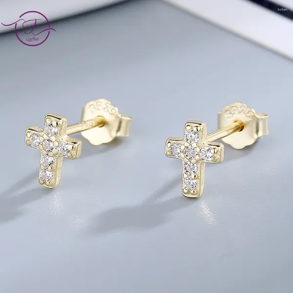 Gestüt Ohrringe S925 Sterling Silber Cross Gold glänzender Zirkon feinen Schmuck kleine klassische Party Hochzeitstagsgeschenk für Frauen