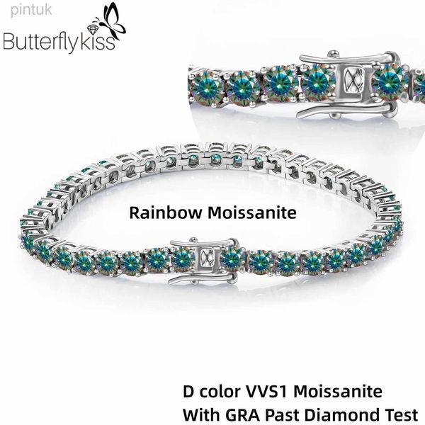 Chain Butterflykiss 5/6,5 mm Bracelete de tênis de moissanita de arco -íris para mulheres jóias de luxo S925 Cadeia de ouro rosa prata GRA D240419