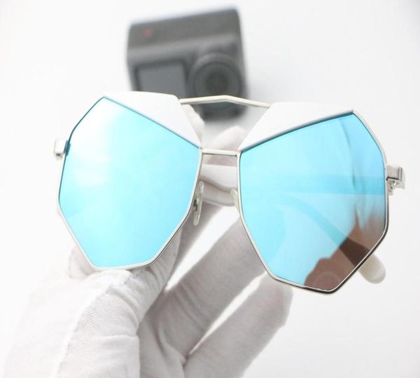 Sonnenbrille weiße Brille Rahmen blaue reflektierende Linsen Damen große Prom4702959