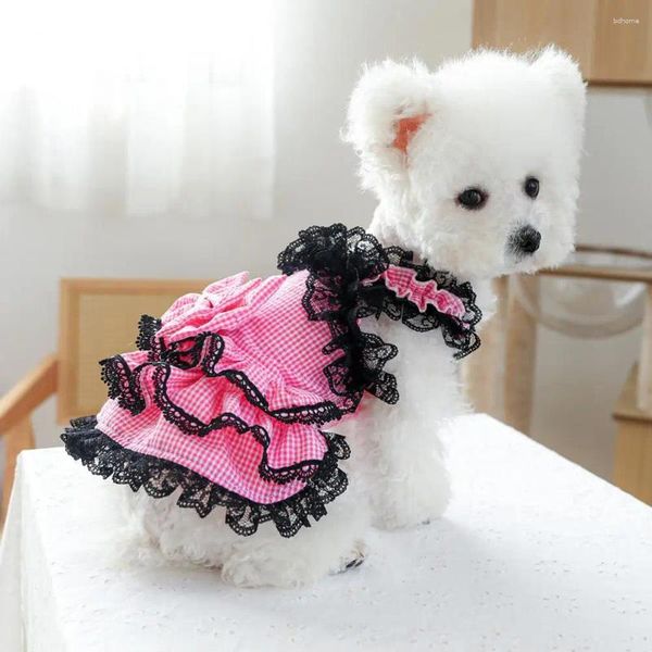 Vestuário de vestuário de cachorro trajes de estimação respiráveis para animais de estimação de renda elegante vestido de princesa para pequenos cães médios, tecido xadrez macio com casamentos