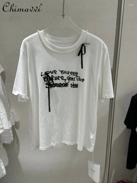Kadın Tişörtleri 2024 Yaz Moda Yuvarlak Boyun İnci Dekoratif Mektup Yay Top Gevşek Kısa Kollu T-Shirt Mizaç Gündelik Tshirts