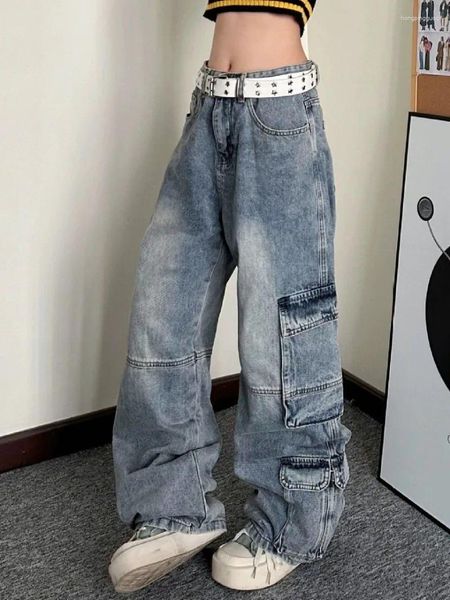 Frauen Jeans High Street Fashion Multipocket Hellblau für Frauen 2024 Stil Hip-Hop Vielseitige Freizeitlachthose im Stil