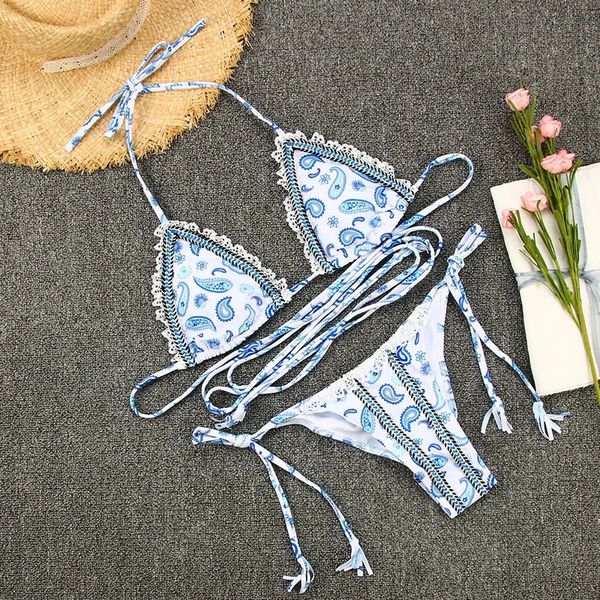 Set di bikini a triangolo da donna a 2 pezzi set incrociati in pizzo incrociata top boho cravatta da bagno 240416