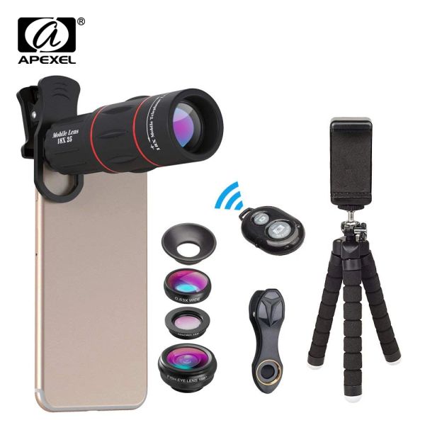 Telescópios APEXEL Kit de lente de lentes de callphone Macro Angle larga Fisheye 18x Telescópio Lens telefoto Com 3 em 1 Zoom Mobile Lens para Samsung Huawei