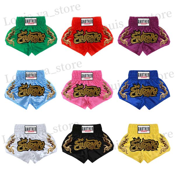 Shorts masculinos Outro boxeador muay thai shorts autênticos revezamento bordado de boxe adulto e infantil FRUTAMENTO DE SANDALS TREINANDO MENDA PENTES T240419