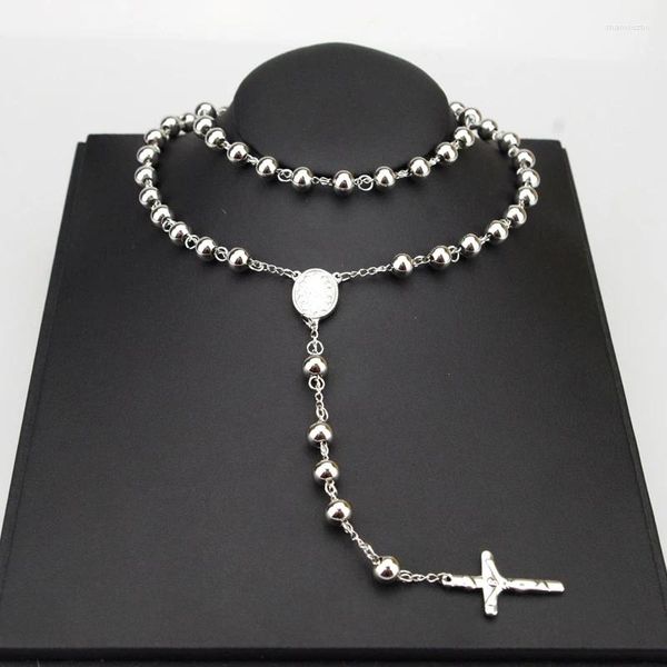 Correntes amumiu 8mm de colar de rosário clássico Chain Chain Cross Cross Religio Catholic Stainless Aço Jóias masculinas HZN080