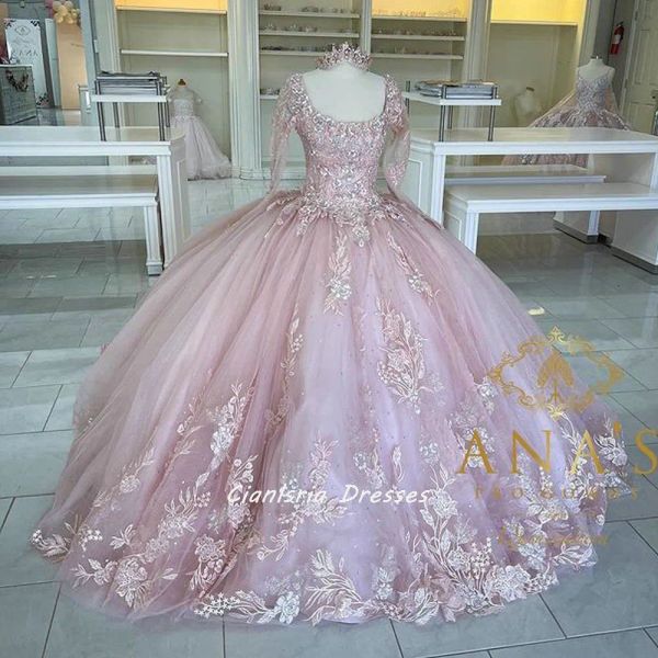 Allık pembe kare yaka uzun kollu balo elbisesi quinceanera elbiseler çiçek aplikler boncuk kristal tatlı 16 balo parti elbisesi