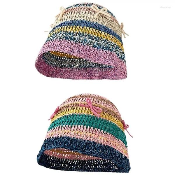 Beretti Cappello da secchio a maglia a mano fatta per adolescenti Floppy abbinati con decalcomanie Bowknot Summer Camping Spring Sun X4yc