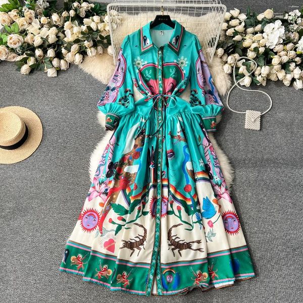 Lässige Kleider Vintage Eleganter Blumendruck für Frauen Laternenhülle Schalten Sie Kragen Lange Vestidos Mode Slim Taille A-Line-Roben ab