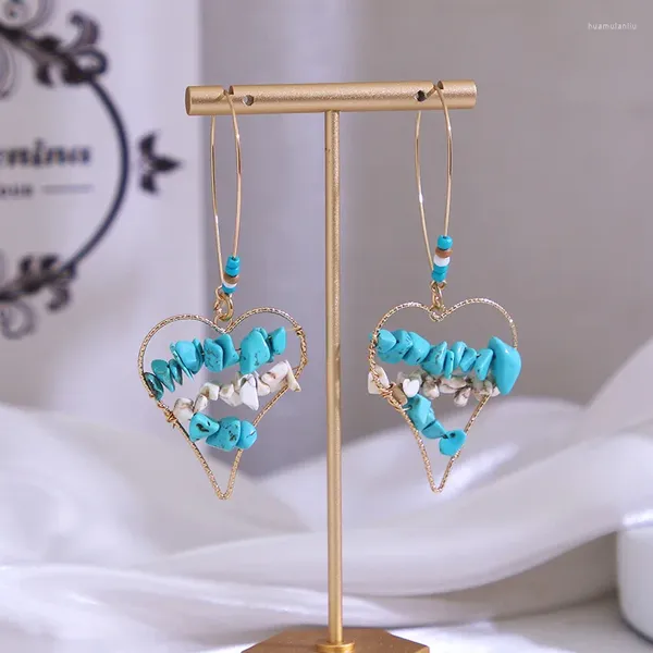 Brincos dangados Komi Madeiro azul de pedra natural de pedra natural de pedra de metal em forma de coração em forma de festa oco para mulheres para mulheres