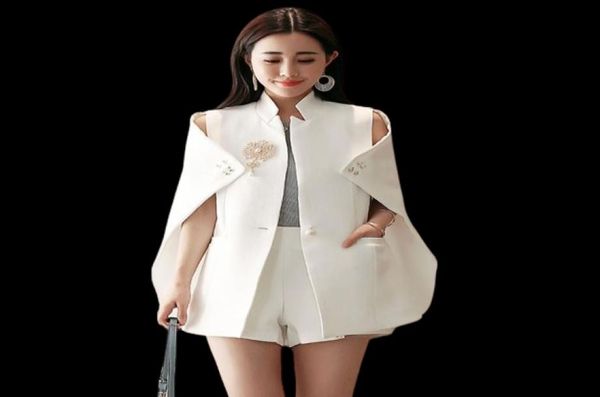 Spring Runway Designer Mulheres Mulheres Diamante Cabo Blazer sexy Branco Branco Casacos Ruched Blazer White Cape Office Wear7522937