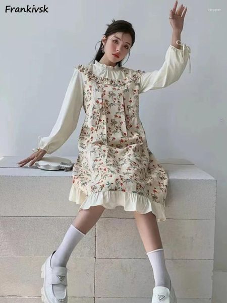 Vestidos casuais mulheres desleixadas retro outono emendado pradaria fofa chique em estilo francês de estilo tremendo as colegas soltas harajuku na moda