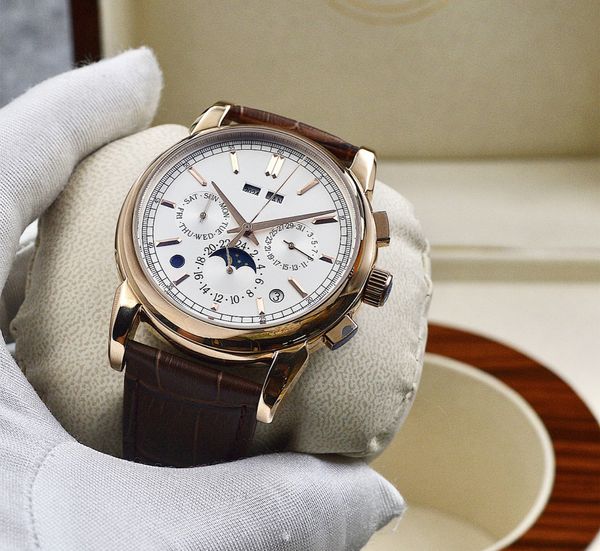 Homens de negócios de luxo assistem calendário eterno calendário mensal calendário semanal calendário 24 horas de cronometra de couro automático automático de 44 mm relógios de pulso relógios de pulso