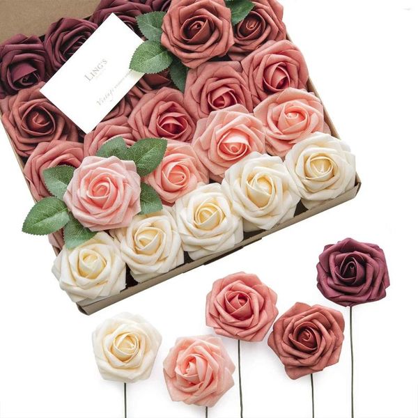 Flores decorativas Cores de ombre de Borgonha de Borgonha Rosal Rosal Rosal 5 Tons para Buquês de Casamento DIY Centrálias Arranjos Decorações (25pcs)