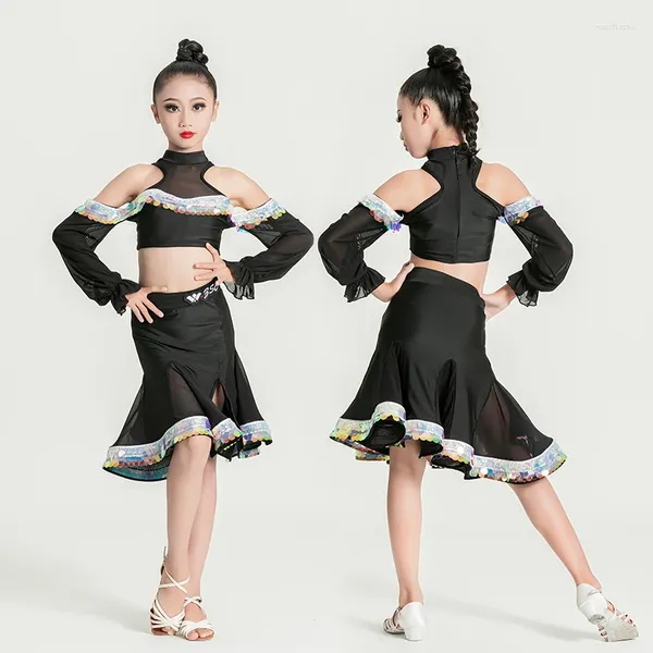 Stage Wear Kids Samba Rumba Latin Dance Competition Costume Girls Seques Skirt XS7331