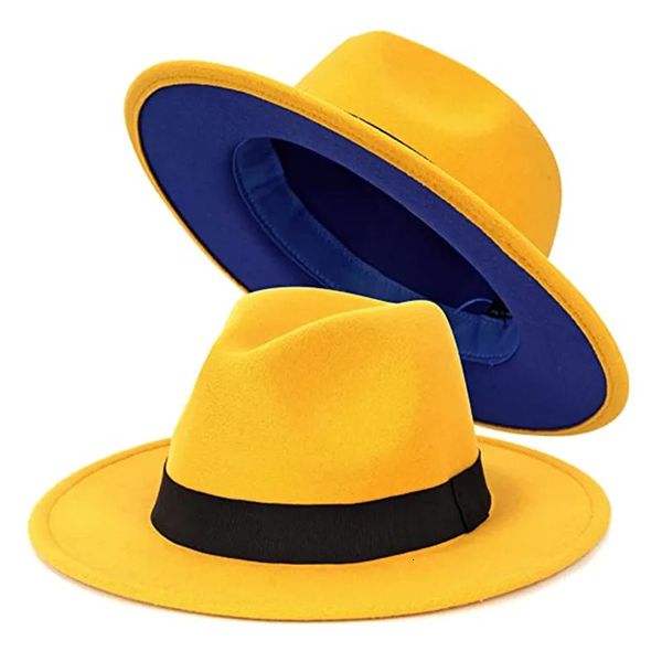 Women Lady Two Tone Yellow Wide Bim Panama Hat Patchwork Farben Klassiker Fedora mit Gürtelschnalle 240417