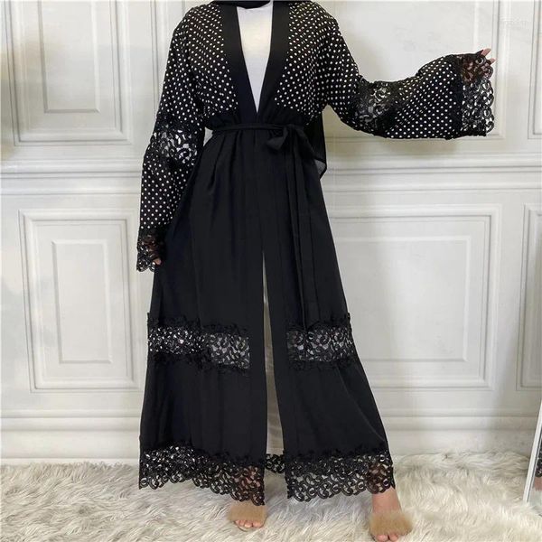 Abbigliamento etnico Big polsini cardigan Abaya per donne abiti da festa in pizzo nero Wave Point Abayas Evenica caftano islamica turca musulmana