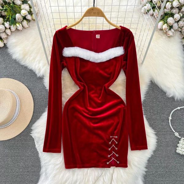 Повседневные платья модные тонкие меховые сплайсированные красные рождественские платья Женщины квадратная шея с длинным рукавом.