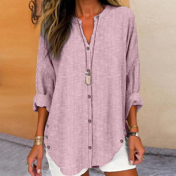 Blouses feminina Mulheres camisa casual de decote em vaca longa blusa de manga longa listrada com tampas unifoloras de trespotas de streetwear