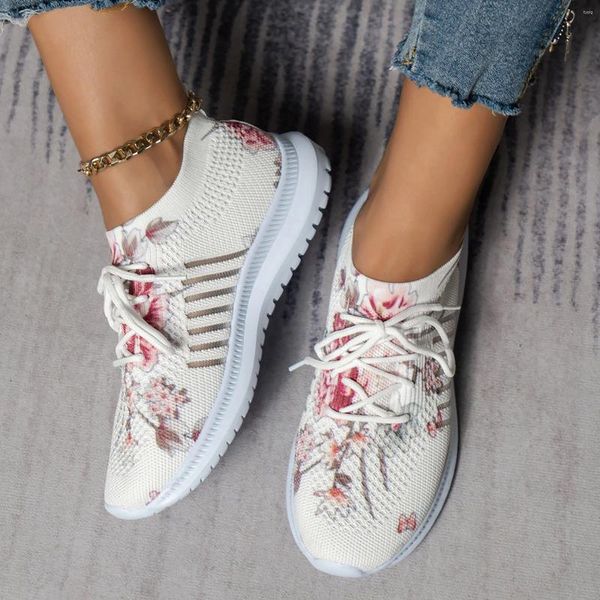 Sıradan Ayakkabı Örgü Çorap Spor Ayakkabıları Dikişli Up Kadınların Uçan Dokuma Kafesi Nefes Alabilir Yuvarlak Toe Çiçek Baskı Platformu Sneaker