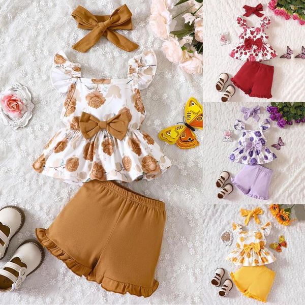 Kleidungssets geborene Kind Mädchen Frühling Sommer Blumenwatte Rüschen ärmellose Weste Shorts Stirnbänder Ernten Top und Rockset für Teenager